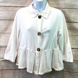 CMC Color Me Cotton Womens Top Peplum Crochet Knit Button Down SS Collar Sz S